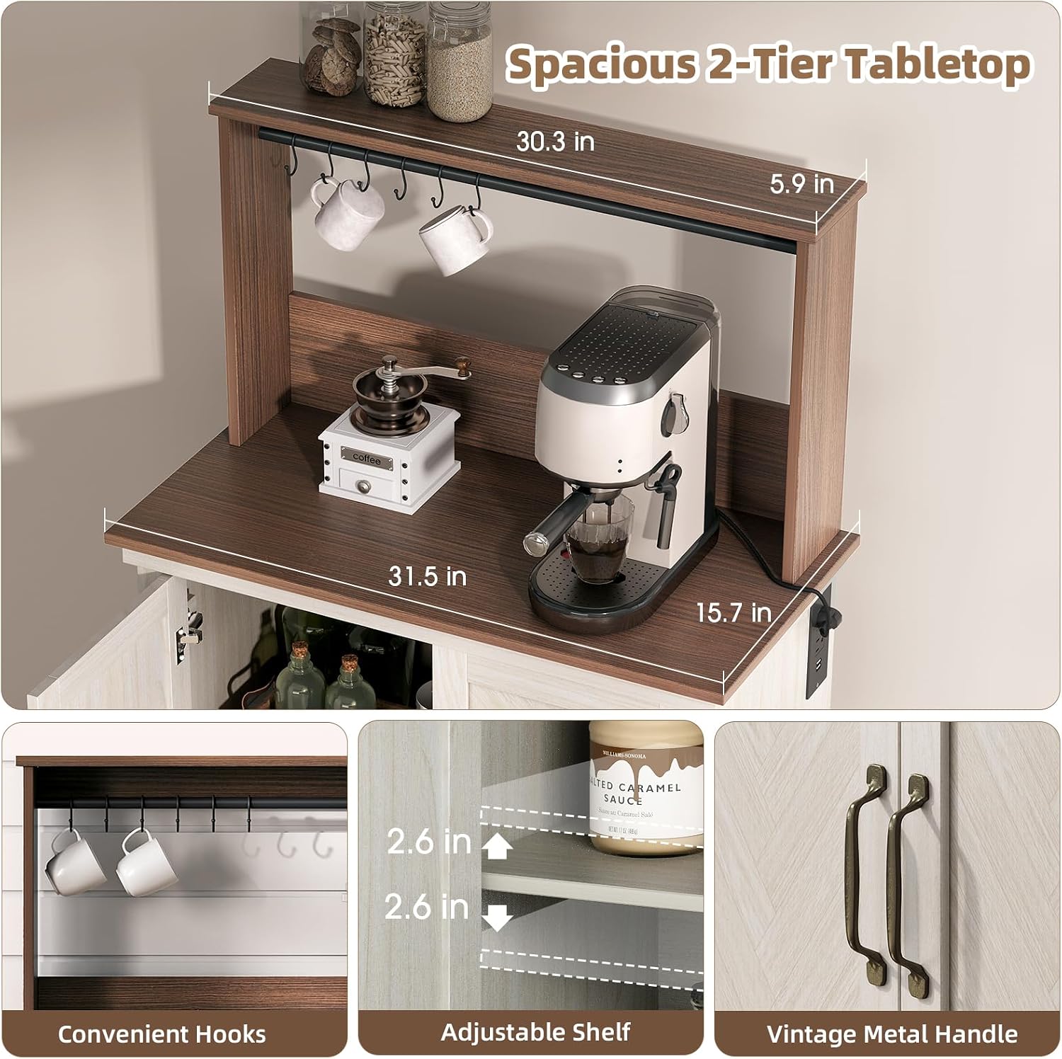 JOINICE Farmhouse Coffee Bar Cabinet with Storage and Charging, White | Herringbone Panel,31.5" Countertop Space,Loads To 100lbs,Open Top Shelf+Adjustable Shelf,USB/AC,6-Hook,Easy Assembly