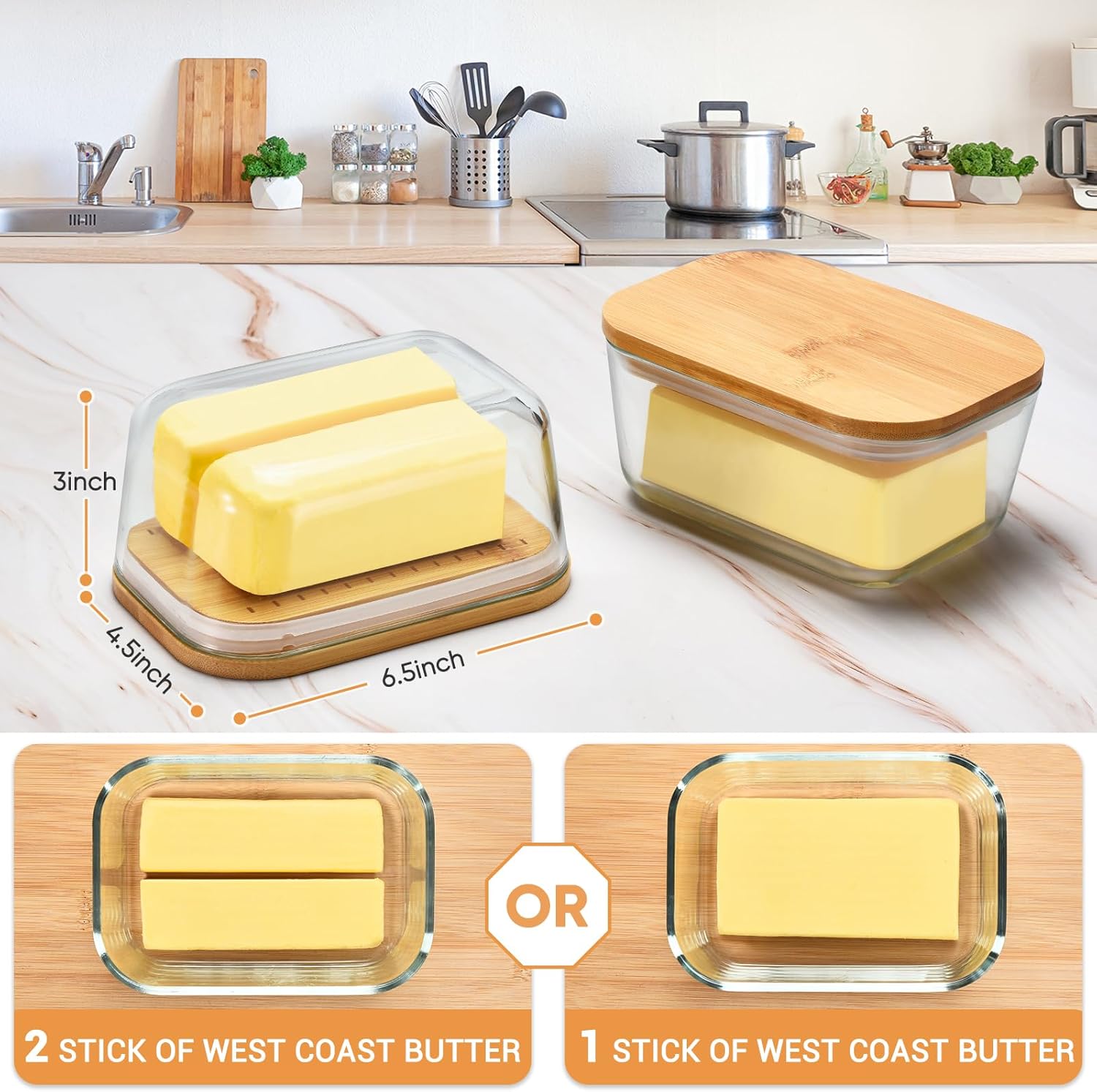 Butter Dish With Glass Lid - Airtight Seal for Freshness, Large Butter Dish for East and West Coast Butter, Ideal for Countertop and Refrigerator Storage, Premium Glass Butter Keeper