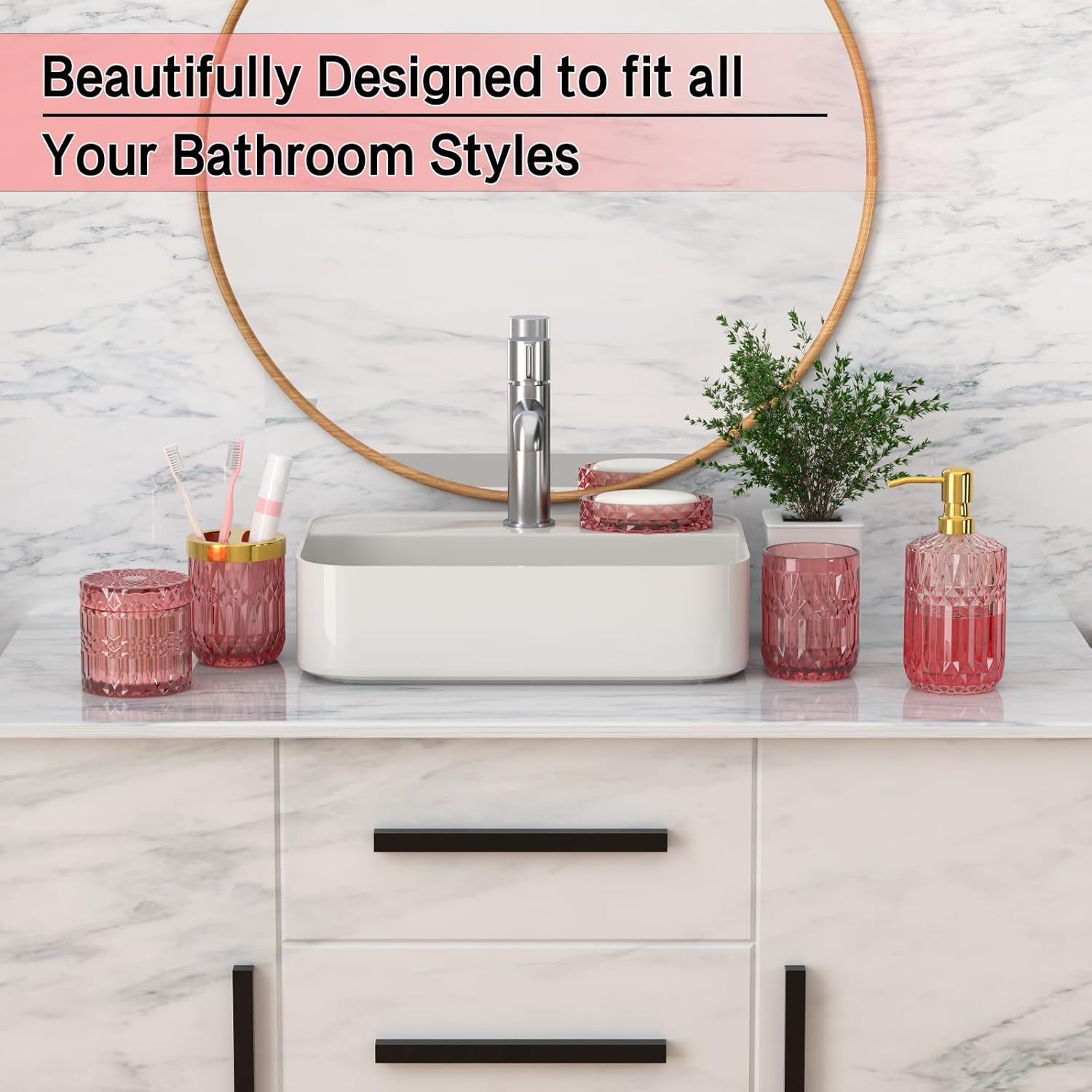 New Pink Bathroom Accessories Set, 5 Pcs Clear Glass Bathroom Accessories Sets with Lotion Soap Dispenser, Soap Dish, Toothbrush Holder, Bathroom Tumbler, Cotton Swab Jars, Perfect for Bathroom Decor