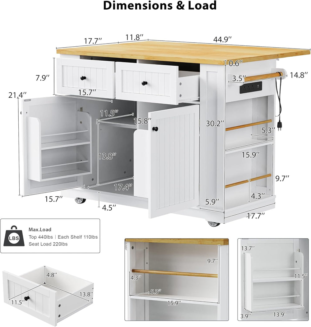48" Kitchen Island with Drop Leaf, Power Outlet and Wheels | Drop Leaf E...