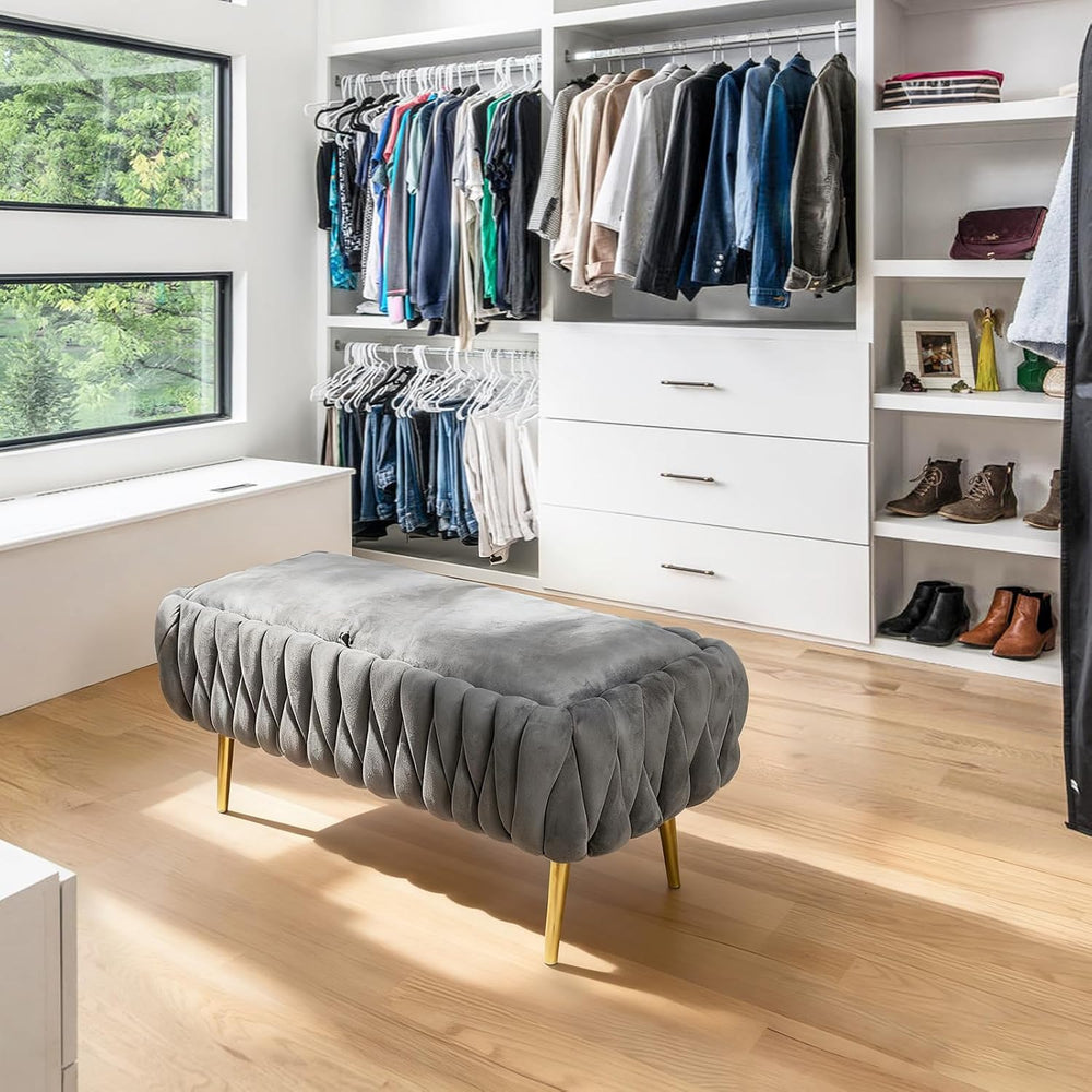 End of Bed Bedroom Storage Bench Upholstered, Hand-Woven Storage Ottoman Benc...