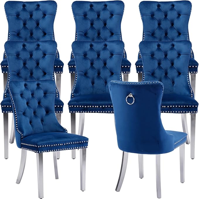 Mid Century Modern Dining Chairs Set of 8, Blue Velvet Upholstered Tufted Back, Kitchen & Dining Room Chairs, Brushed Silver Metal Legs, Nailhead Trim, Sillas para Comedor (Blue, 8 Pcs)