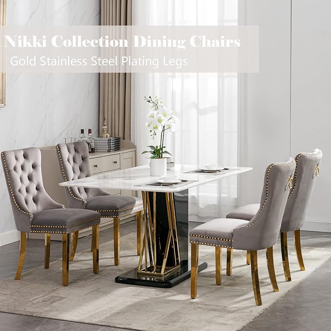 Gray Velvet Dining Chairs Set of 4, Upholstered Dining Room Chairs with Back ...