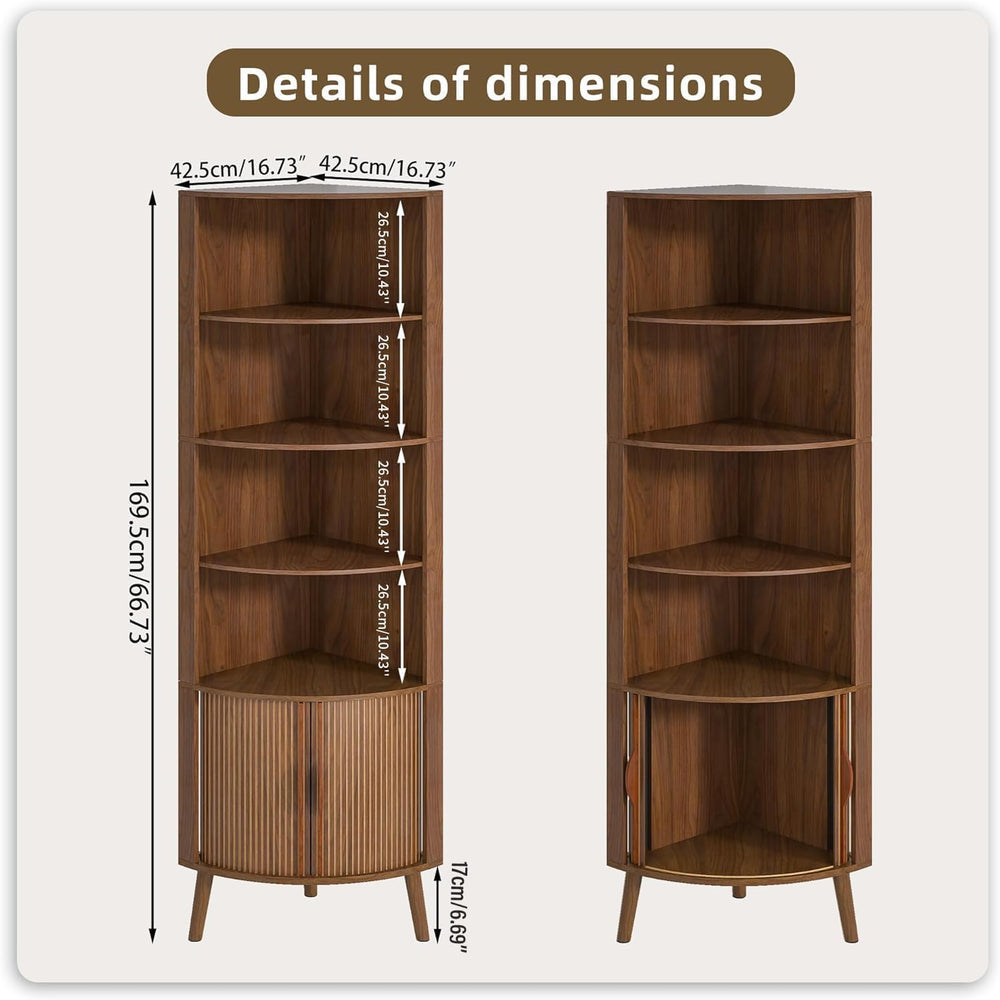 66'' Tall Corner Bookshelf with 2 Fluted Sliding Doors,Walnut