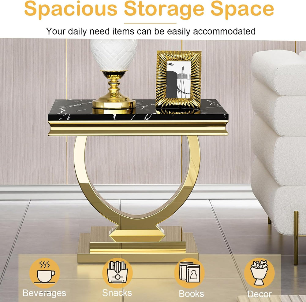 Modern Marble End Table, 22.8" Square Black Side Tables with Gold Stainl...