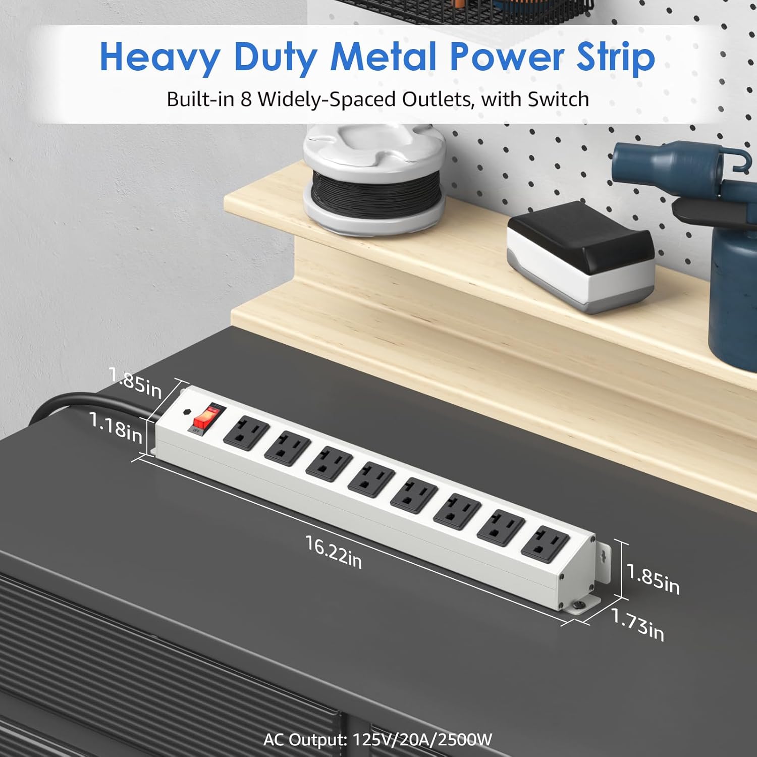 CCCEI Corner Mount Angle Power Strip, Under Cabinet Heavy Duty 8 Outlets Power Strip 20Amp, Metal Underneath Desk Plug Surge Protector, Wall Mountable, for Garage, Shop, Kitchen. 3FT Extension Cord.