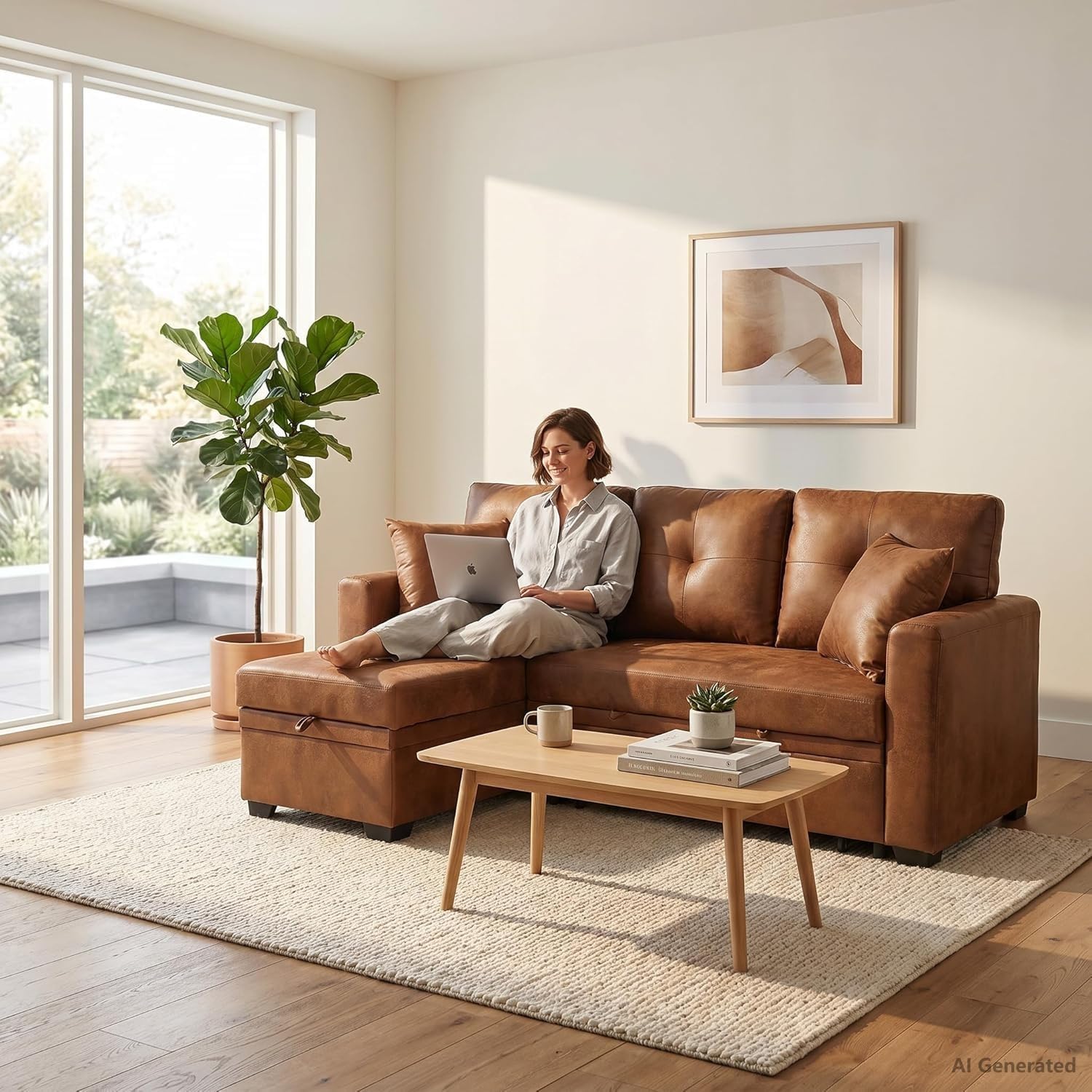 71" Brown Convertible Sofa Bed, L-Shaped Pull Out Couch with Storage Chaise | TYBOATLE, Sleeper Sofa Bed, Pull Out Couch Bed, Reversible Storage Chaise, Linen Fabric, Living Room, Apartment, Guest Room
