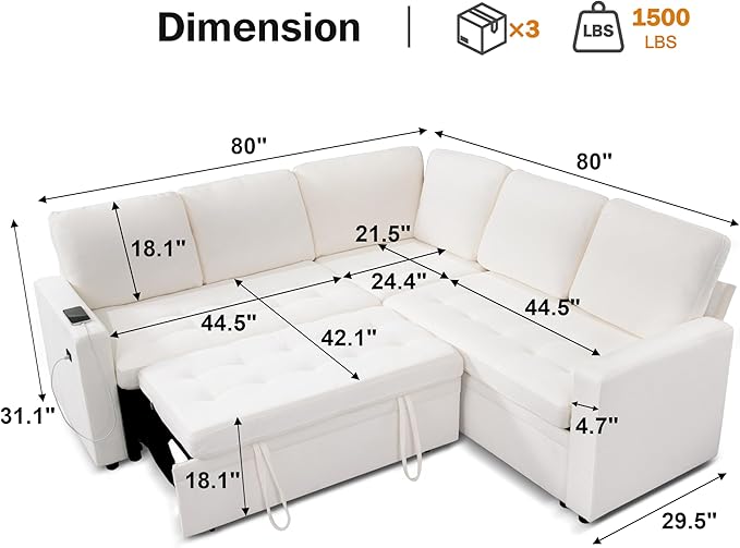 Vipbear 5 Seat L Shaped Modular Sectional Sleeper Sofa Bed with Pull Out Bed/Reclining Backrest/USB Ports/Storage Seat, Sectional Sleeper Couch, Tool-Free Assembly, Chenille Beige