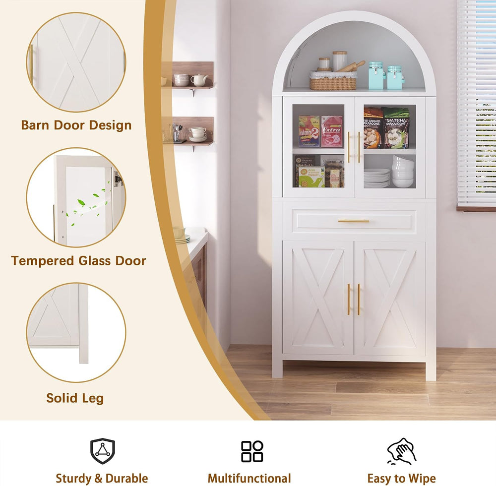 Mirightone 71" Tall Arched Kitchen Pantry, Farmhouse Storage Cabinet, Di...