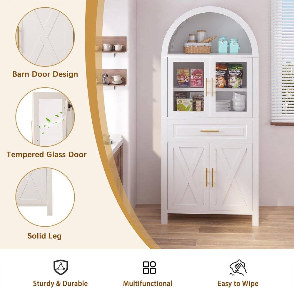 roomfitters 71" Tall Arched Farmhouse Pantry Cabinet with Glass Barn Doo...