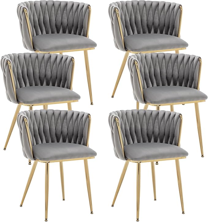 Kiztir Velvet Dining Chairs Set of 6 Woven Dining Chairs with Gold Metal Legs Upholstered Modern Dining Room Chair for Living Room, Bedroom, Kitchen (Grey)