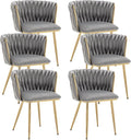 Kiztir Velvet Dining Chairs Set of 6 Woven Dining Chairs with Gold Metal Legs Upholstered Modern Dining Room Chair for Living Room, Bedroom, Kitchen (Grey)