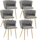 Kiztir Velvet Dining Chairs Set of 6 Woven Dining Chairs with Gold Metal Legs Upholstered Modern Dining Room Chair for Living Room, Bedroom, Kitchen (Grey)