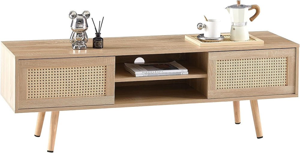 Rattan Weaving in Natural Wood Color TV Stand for TVs up to 55 Inch, TV Cabin...