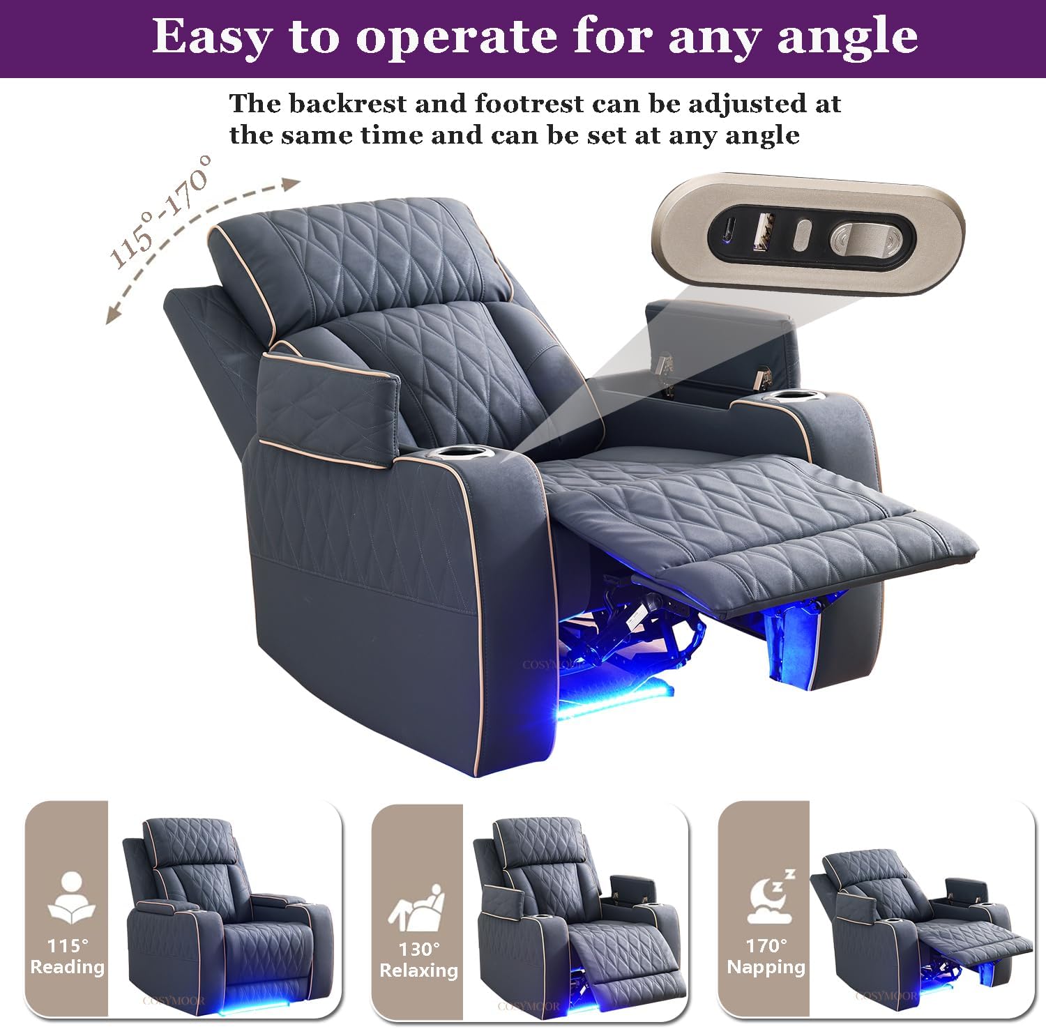 Power Recliner Sofa Set with LED, 3 Pieces Sectional Couch, Sandad Leather Living Room Furniture Sets, Modern Power Reclining Couch Leather Sofa with USB Ports/Cup Holders/Armrest Storage
