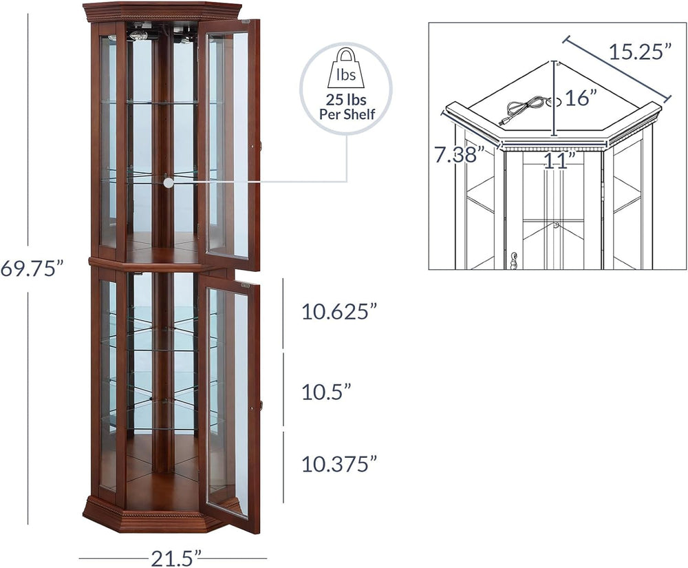 BELLEZE Lighted Wooden Corner Display Curio Cabinet, Two Section Shelving Uni...