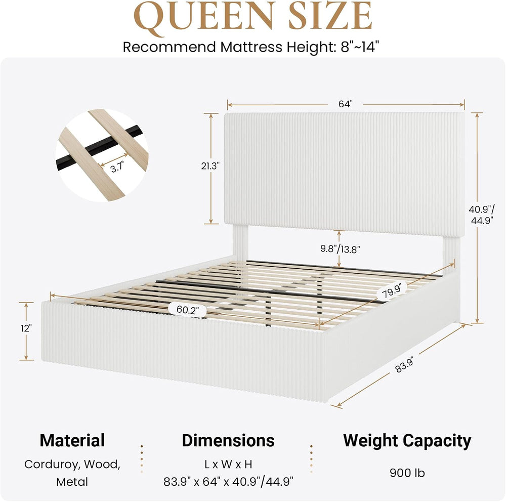 SHA CERLIN Queen Size Corduroy Bed Frame with Adjustable Headboard, White