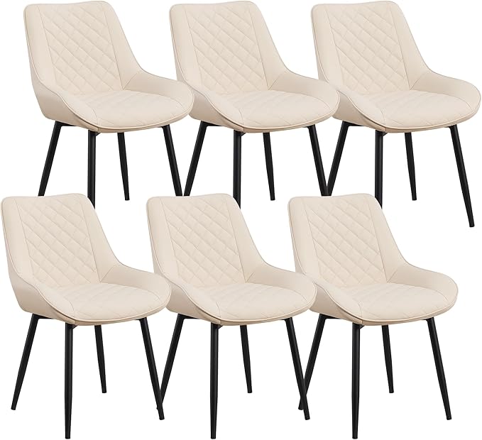 Dining Chair Set of 6, Modern Dining Chairs with Thick Cushions, Faux Leather Upholstered Kitchen Dining Room Chairs with Metal Adjustable Legs for Dining Living Room, Beige