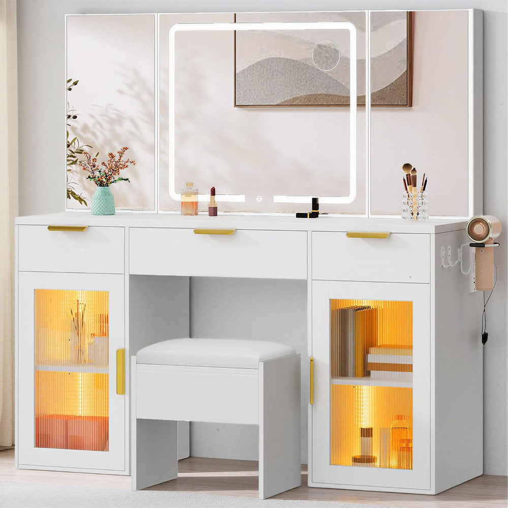 DWVO 56" LED Vanity Desk with Tri‑Fold Mirror & Lights | Makeup Vani...