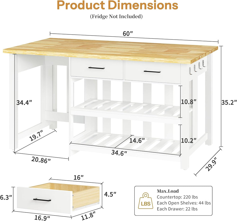 DynJest 60" Kitchen Island with Storage and Seating, Drawers, Hooks, Whi...