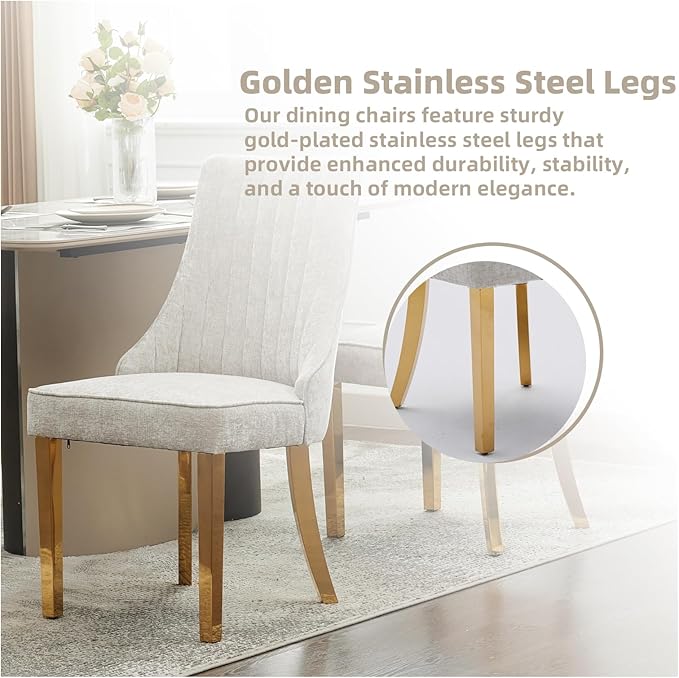 Dining Room Chairs Set of 8，Modern Channel Tufted Upholstered Dining Chairs with Golden Stainless Steel Legs, Comfortable Chenille Fabric Kitchen Chairs for Dining Room (Beige, 8pc)