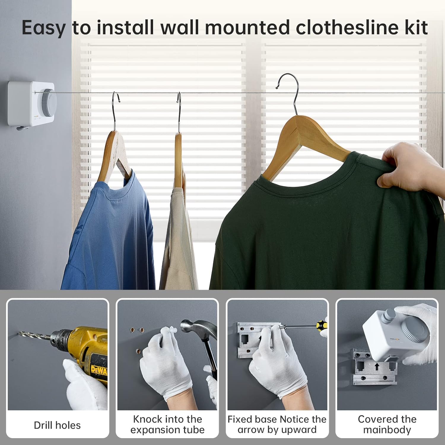 Mbillion Retractable Clothesline 13.8Ft Heavy Duty Clothes Drying Laundry Line for Indoor Outdoor Retracting Hanging Clothing Drying with Retract Rotating Knob to Prevent Sagging