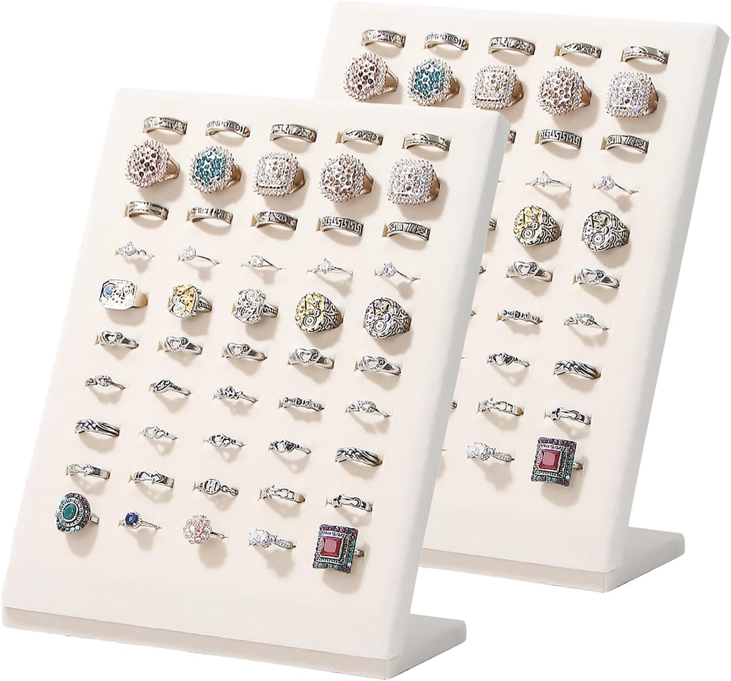 Ring Display Stand, Velvet Ring Holder, 50 Slots Rings Organizer Jewelry Display Tray, L-Shaped Jewelry Organizer Stand for Rings Earrings Selling (2, Beige)
