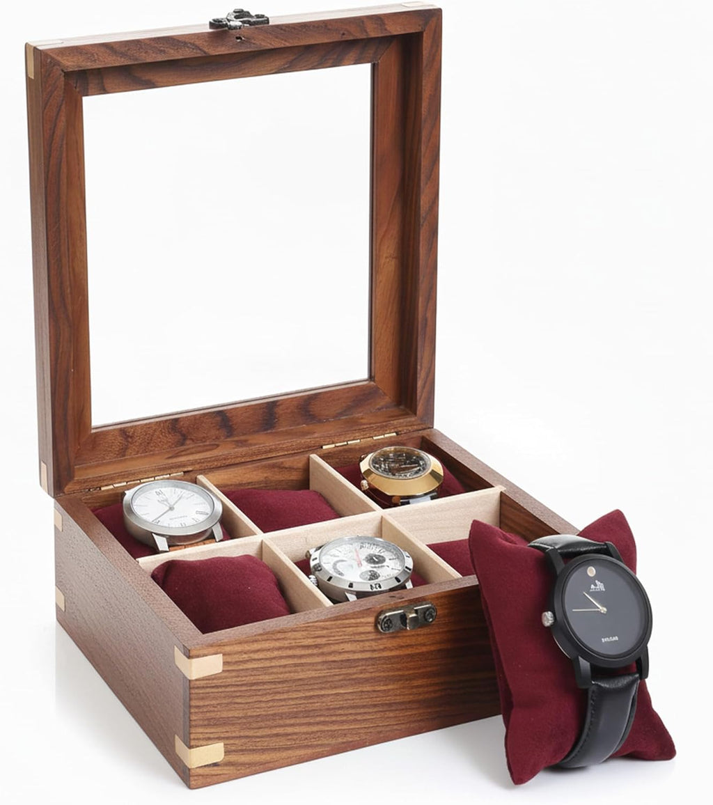 Wooden Watch Box for Men & Women, Watch Organizer & Display Case, Premium Long-Lasting Watch Holder for Storage, Elegant Gift for Watch Collectors (Glass Top, 6 Slots)