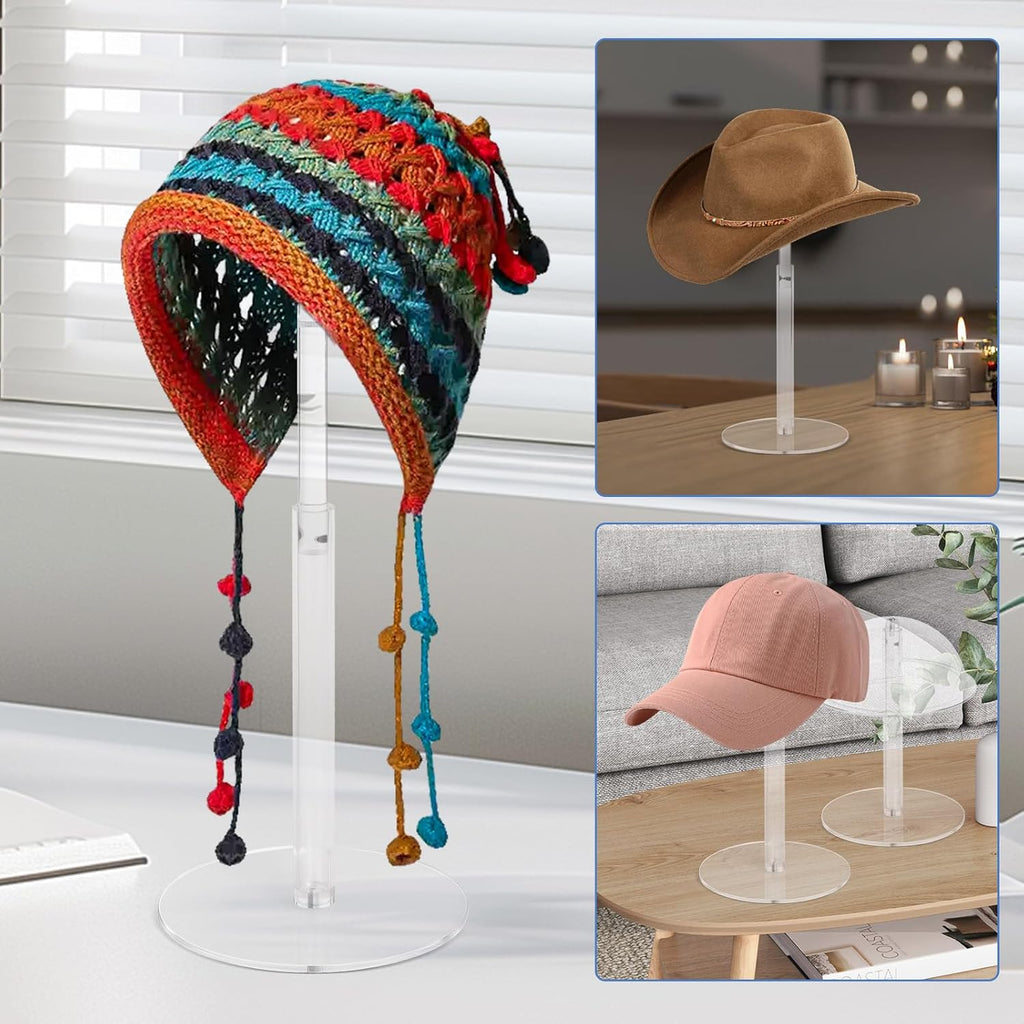 2PCS Acrylic Hat Stand and Wig Display Rack with Height Adjustable, Clear Dome Tabletop Hat Stand Cap, Sun Hat Holder Stand, Cowboy Hat Holder Baseball Cap Rack for Display