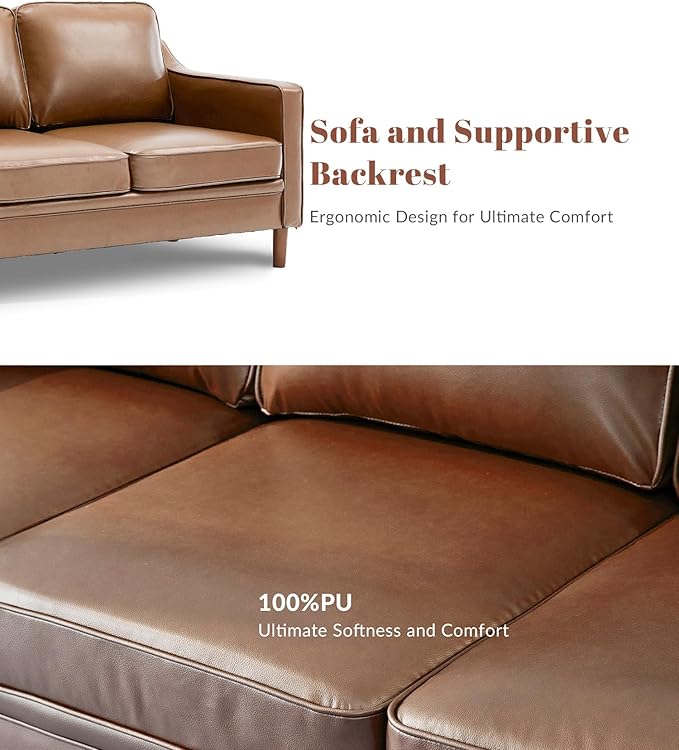 Kingfun Living Room Furniture Sets, 3 Seater Couch and Loveseat, Mid Century Modern Sofa Set, Faux Leather Couch with Solid Wood Frame for Living Room & Bedroom, Brown
