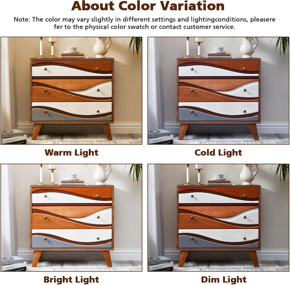 3-Drawer Dresser with Sculpted Wave Fronts, Tri-Color Drawer Design, Modern C...