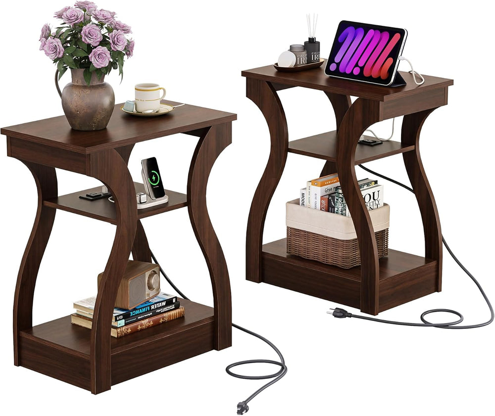 WLIVE End Tables Living Room Set of 2, Cherry Side Tables with Charging Stati...