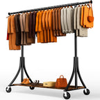HOKEEPER Clothes Rack with Wood Shelves Height Adjustable Clothing Rack with Lockable Wheels 500LBS Portable Wooden Garment Closet for Bedroom, Living Room, Laundry, Balcony, Black