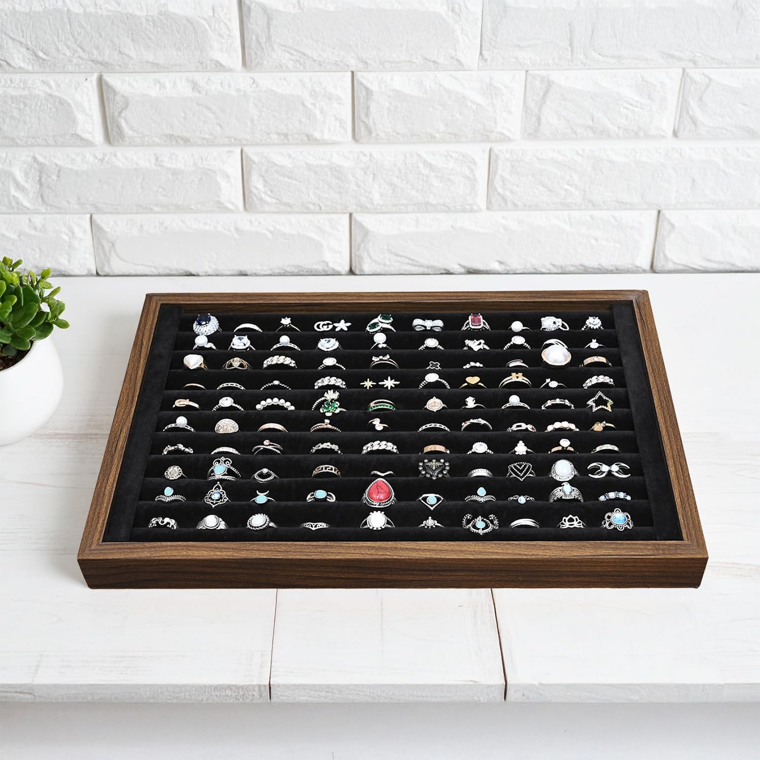 MOOCA 2 Pcs Wooden Ring Display Tray Set with Black Suede Lining, Ring Organizer for Jewelry Storage and Display, Walnut Color, 14W x 9.7D x 1.2H in