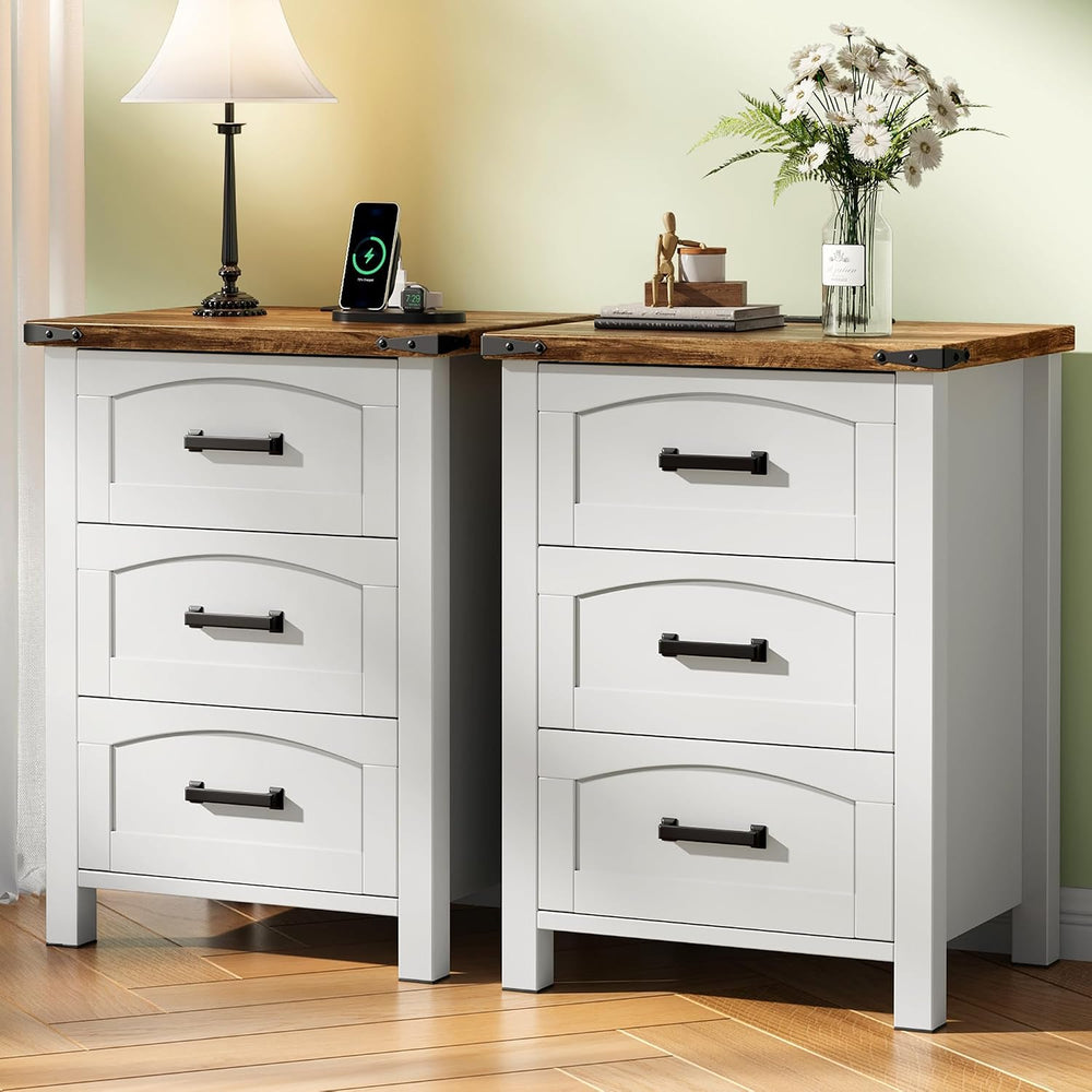 Decofy Farmhouse Nightstand Set of 2 with Charging Station, 18'' Wide...