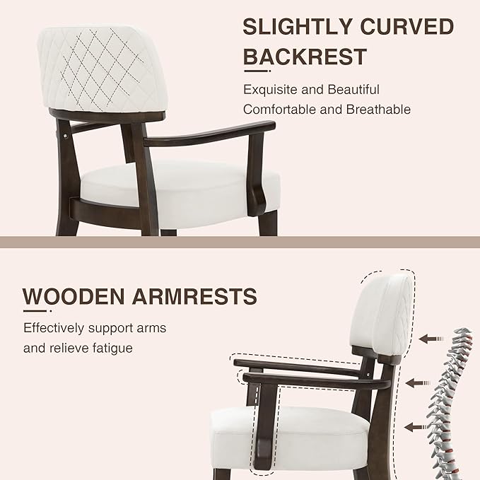 Modern Wood Dining Chairs with Arms Set of 2, Velvet Upholstered Kitchen Chairs with Open Curved Backrest & Black Hardwood Legs, Accent Chairs 350 LBS Capacity, White