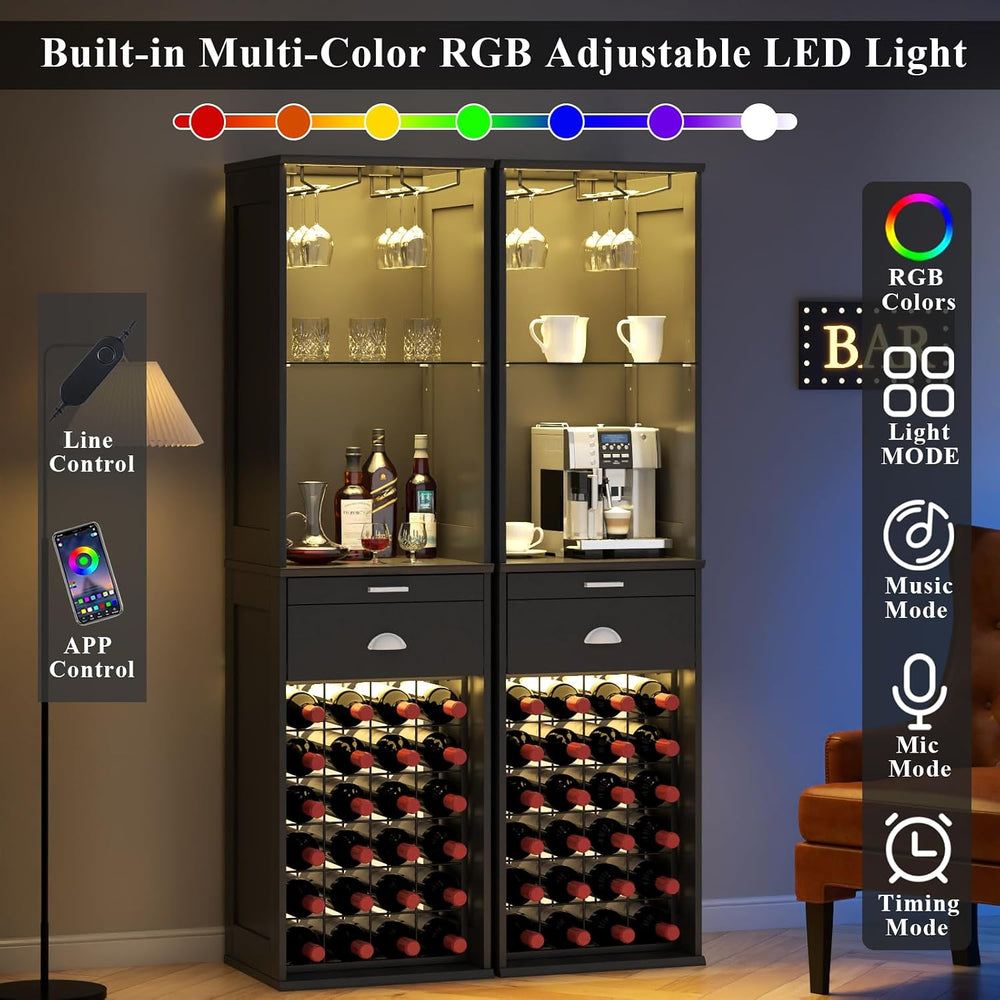 Wine Bar Cabinet w/LED Lights, 65'' Tall Coffee Bar w/24 Wine Rack