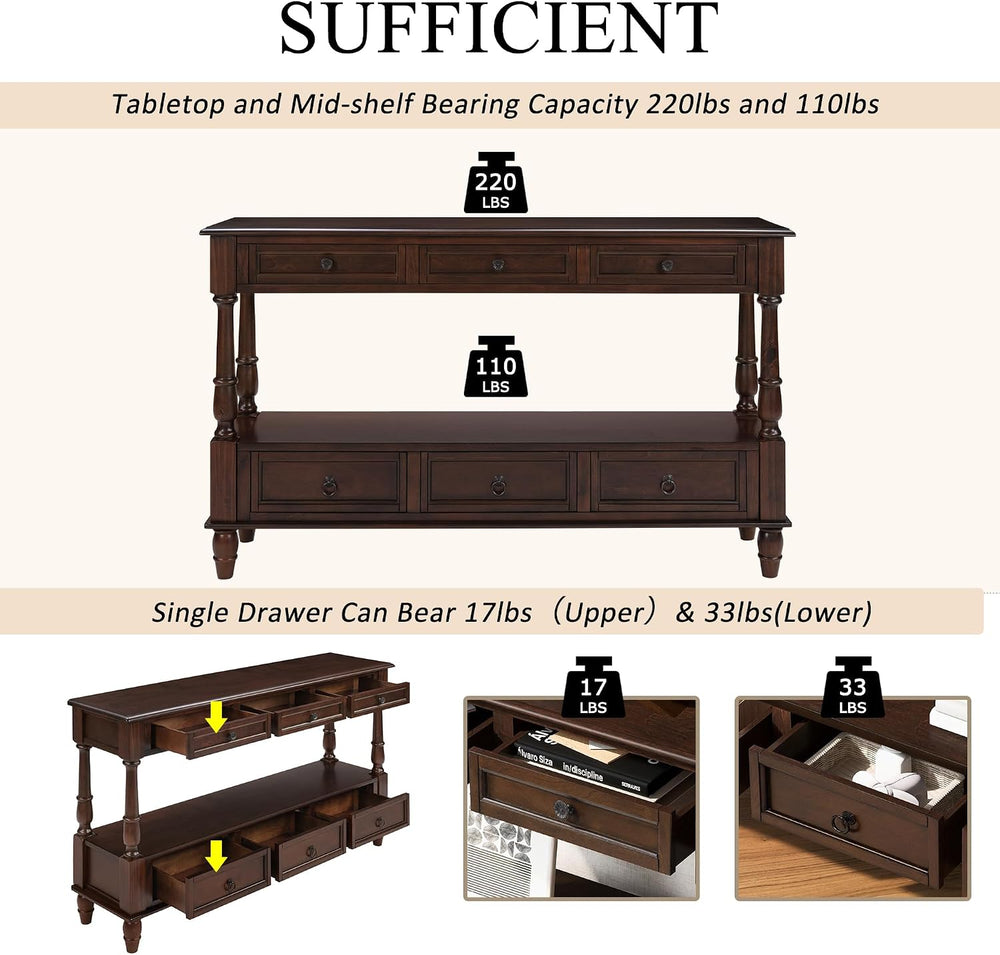 Knocbel Console Table with 6 Storage Drawers and Bottom Shelf, Vintage Sofa T...