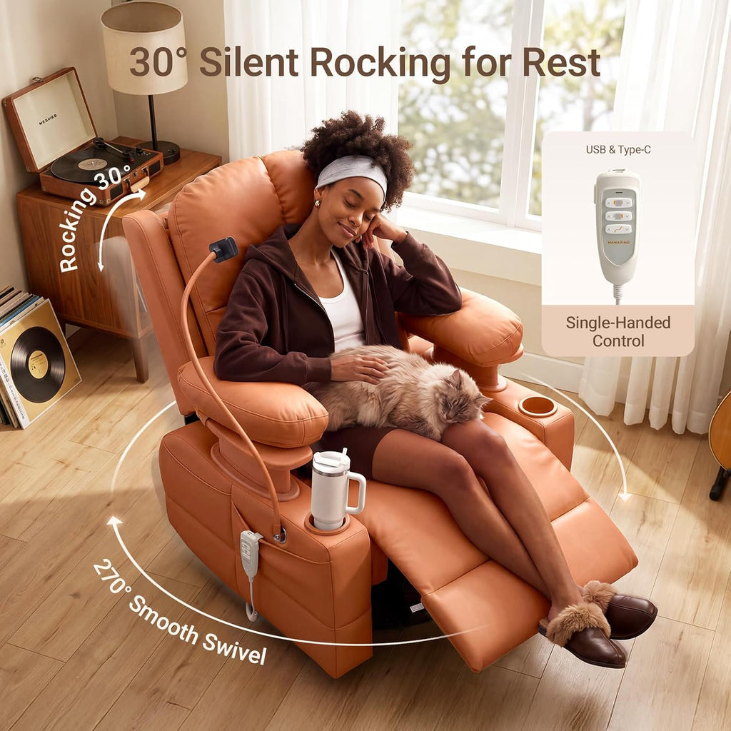 Triple Motor Power Swivel Rocker Recliner Chair with Adjustable Armrests for Adults, FSC Certified Faux Leather Rocking Chair for Living Room, Brown