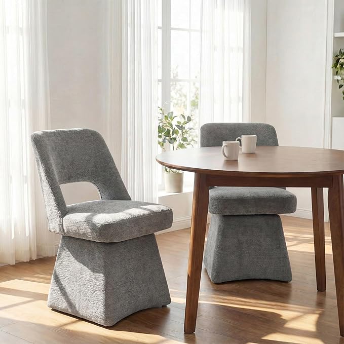 VKNOW Upholstered Swivel Dining Chairs, Modern Dining Room Chairs with Open Back, Chenille Fabric Kitchen Chairs for Dining Room, Living Room, Bedroom, Vanity, Grey(1 Pack)