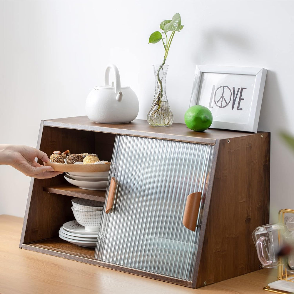 HollyHOME Countertop Pantry Cabinet, Bamboo Sideboard with Glass Doors
