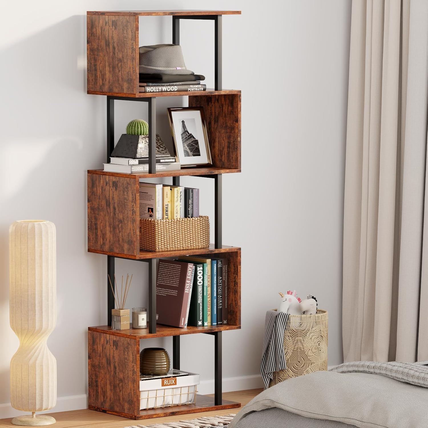 Furologee 6 Tier Bookshelf, Tall S Shaped Geometric Bookcase, Modern Display Shelf Standing Unit, Wood Metal Decorative Divider Rack for Living Room Bedroom Office, Rustic Brown