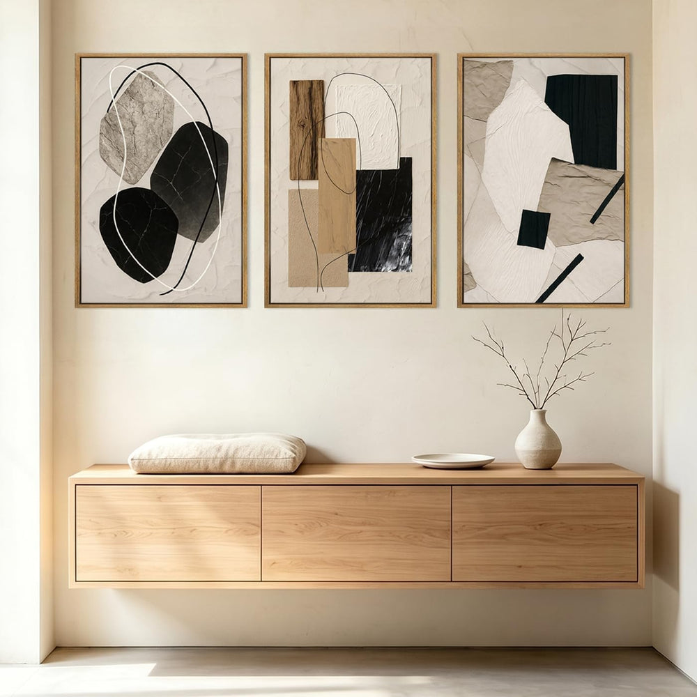 Large Abstract Paintings Framed Neutral Canvas Prints Mid Century Modern Wall...
