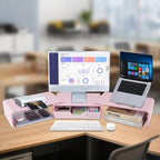 Dual Monitor Stand Riser with Drawer, Desk Organizer and Accessories, Pink Monitor Stand for Desk, Desktop Stand for Computer, Laptop, TV and More (Pink)