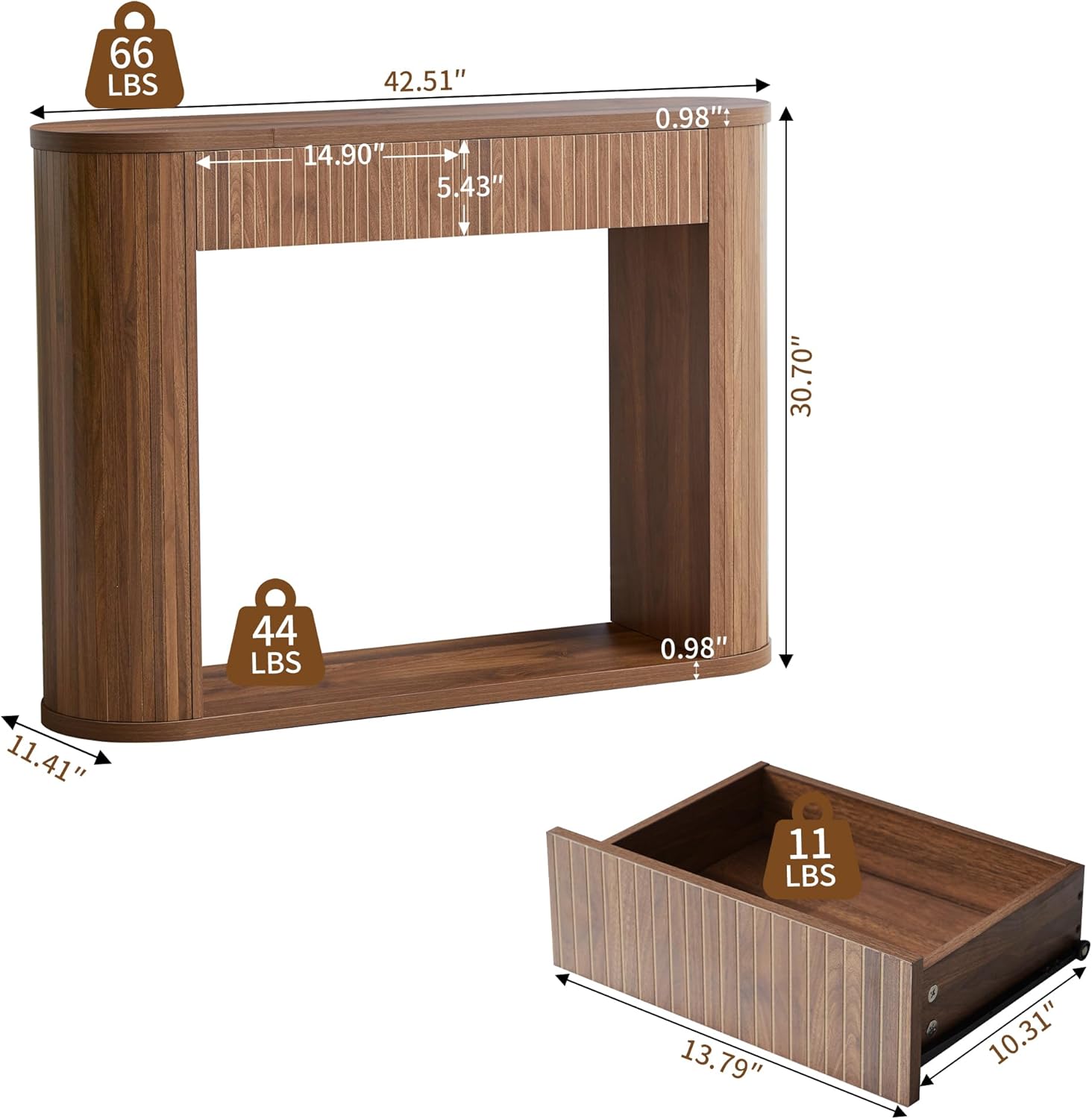 42.5” Console Table with 2 Drawers, Fluted Entryway Table with Rounded Corners, Rectangular Sofa Table Behind Couch for Living Room, Hallway, Foyer (Walnut)