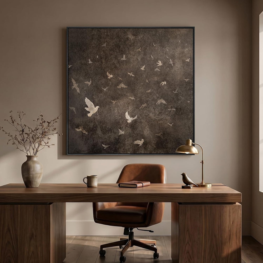 Extra Large Framed Vintage Bird Brown Wall Art for Living Room, Square