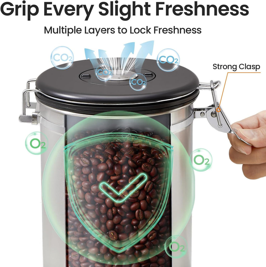 Veken Coffee Canister, 39OZ Large, Airtight Stainless Steel Food Storage Container for 2.2lbs Coffee Beans, Ground, Sugar, Tea, Flour, Cereal, Kitchen Bar Accessories with Date Tracker & Scoop, Silver