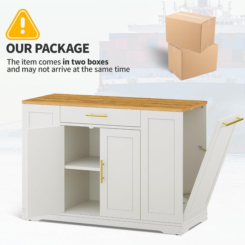 DWVO Large Kitchen Island with Trash Can Cabinet | 53 Inch Kitchen Island on Wheels, Rolling Island with Tilt‑Out Garbage Storage Fits 13 Gallon Bin