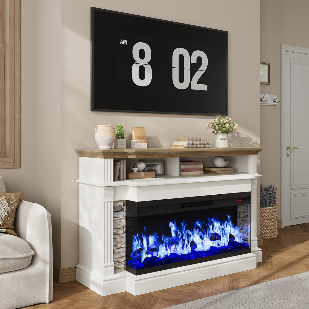QUW Fireplace TV Stand for TVs up to 65", Farmhouse 52" Fireplace E...