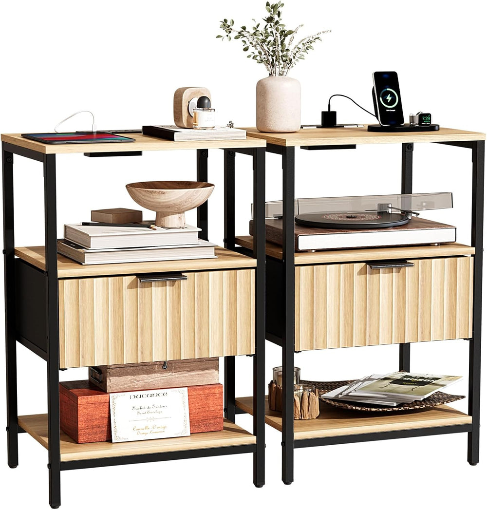 Bonnlo Fluted Nightstand Set of 2, End Table with Fabric Drawer with Charging...